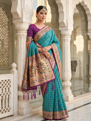 Premium Turquoise Check Motif Weaving Banarasi Silk Saree With Decorative Border & Pallu - Image 2