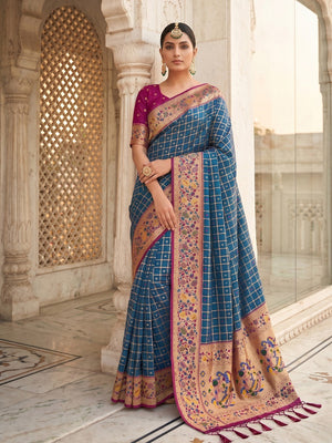 Premium Blue Check Motif Weaving Banarasi Silk Saree With Decorative Border & Pallu - Image 1