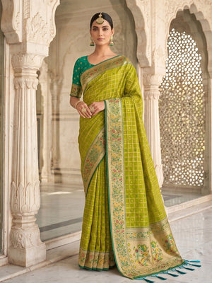 Premium Green Check Motif Weaving Banarasi Silk Saree With Decorative Border & Pallu - Image 1