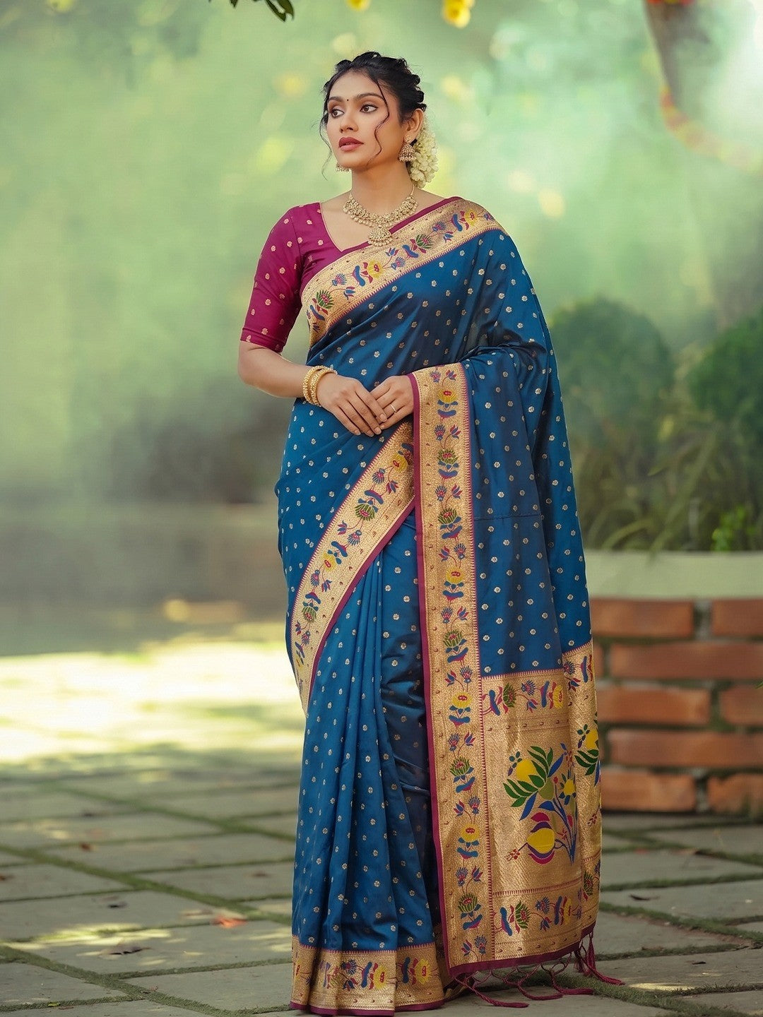 Elegant Morpich Blue Floral Weaving Banarasi Silk Saree With Designer Tassel Pallu - Image 1