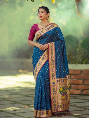 Elegant Morpich Blue Floral Weaving Banarasi Silk Saree With Designer Tassel Pallu - Image 1