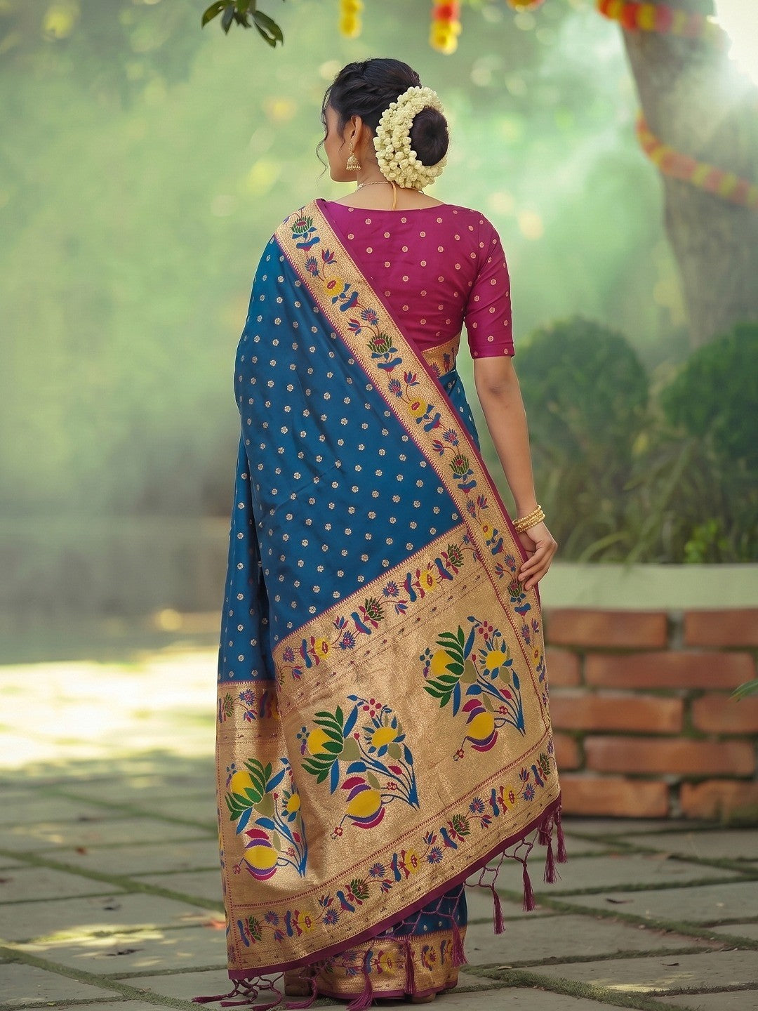 Elegant Morpich Blue Floral Weaving Banarasi Silk Saree With Designer Tassel Pallu - Image 3