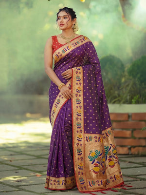 Elegant Wine Floral Weaving Banarasi Silk Saree With Designer Tassel Pallu - Image 1