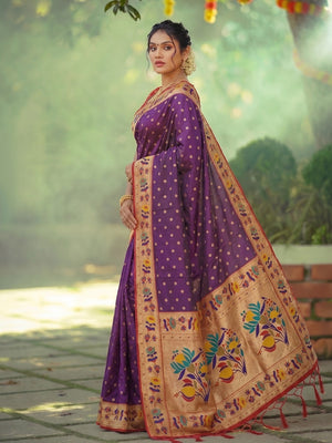 Elegant Wine Floral Weaving Banarasi Silk Saree With Designer Tassel Pallu - Image 2