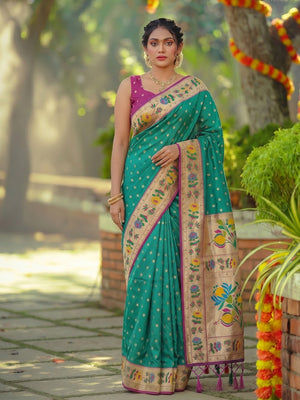 Elegant Rama Green Floral Weaving Banarasi Silk Saree With Designer Tassel Pallu - Image 1