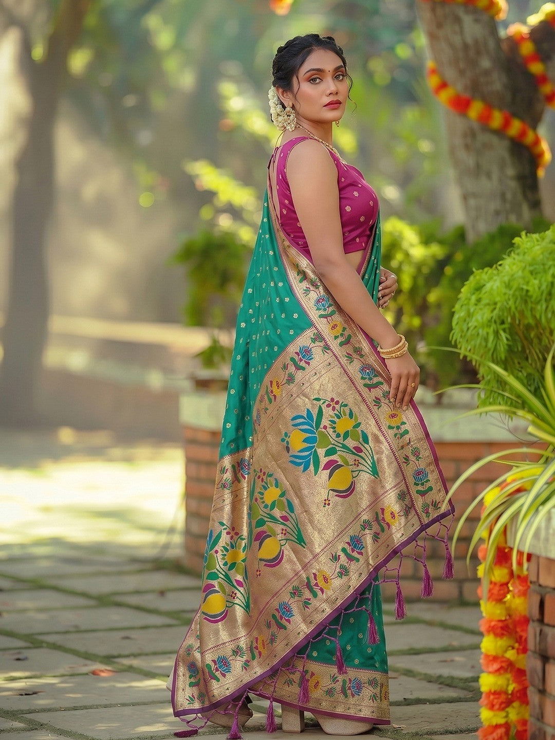 Elegant Rama Green Floral Weaving Banarasi Silk Saree With Designer Tassel Pallu - Image 2