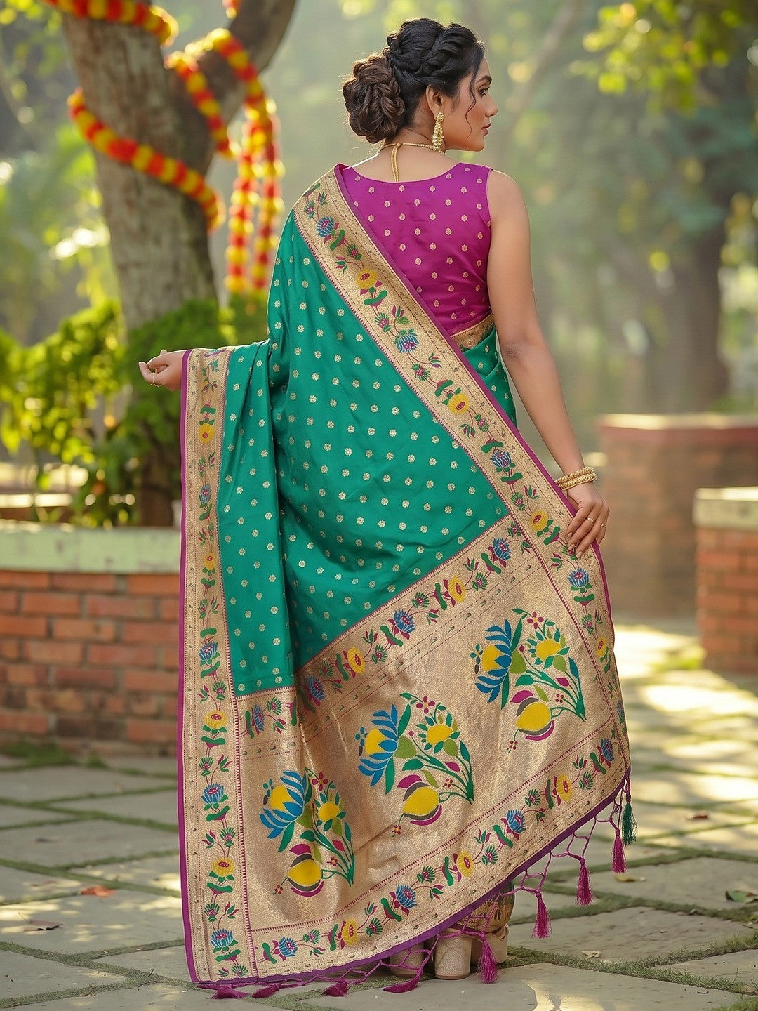 Elegant Rama Green Floral Weaving Banarasi Silk Saree With Designer Tassel Pallu - Image 3