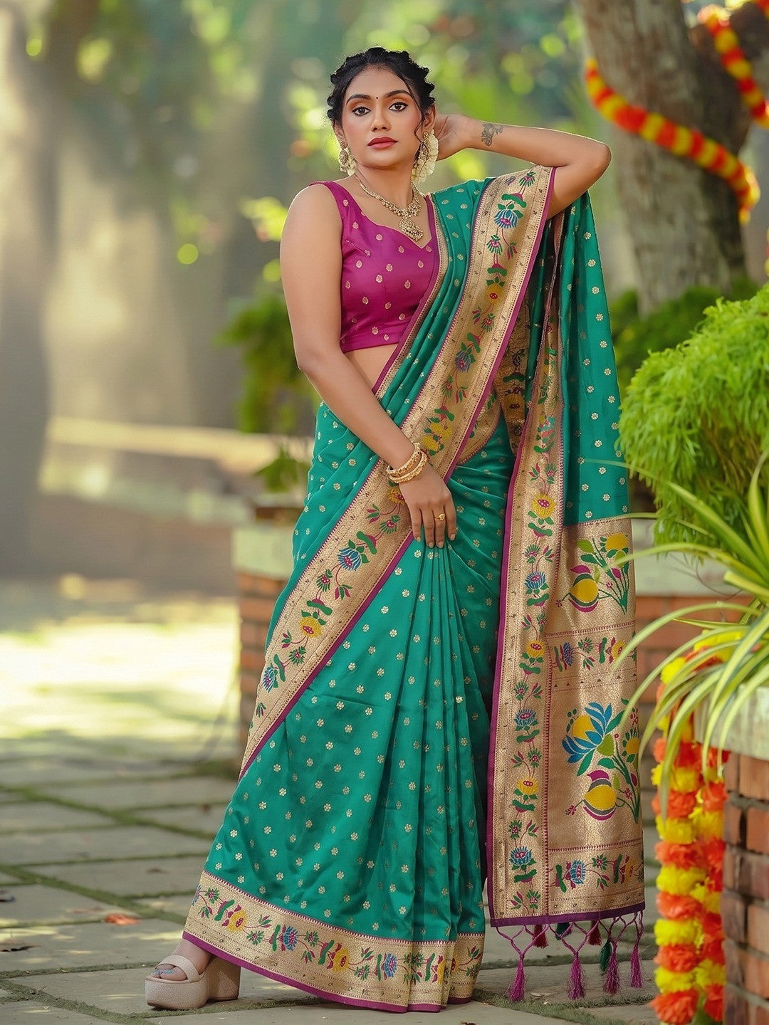 Elegant Rama Green Floral Weaving Banarasi Silk Saree With Designer Tassel Pallu - Image 4