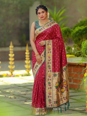 Elegant Dark Pink Floral Weaving Banarasi Silk Saree With Designer Tassel Pallu - Image 1