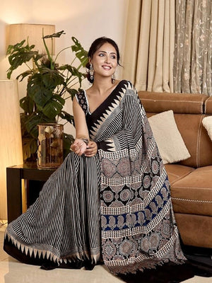 Classic Black & Beige Striped Crepe Saree with Digital Print - Image 2