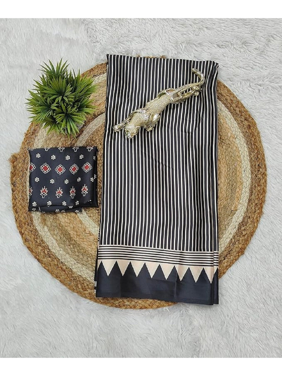 Classic Black & Beige Striped Crepe Saree with Digital Print - Image 5