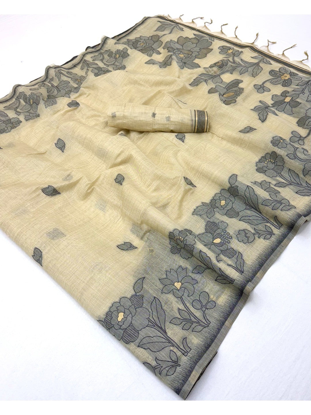 Beige Cotton Blend Festive Wear Saree with Elegant Floral Woven Pattern - Image 2