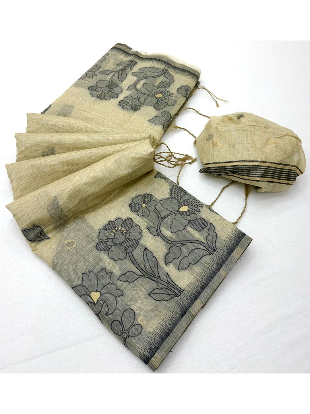 Beige Cotton Blend Festive Wear Saree with Elegant Floral Woven Pattern - Image 3
