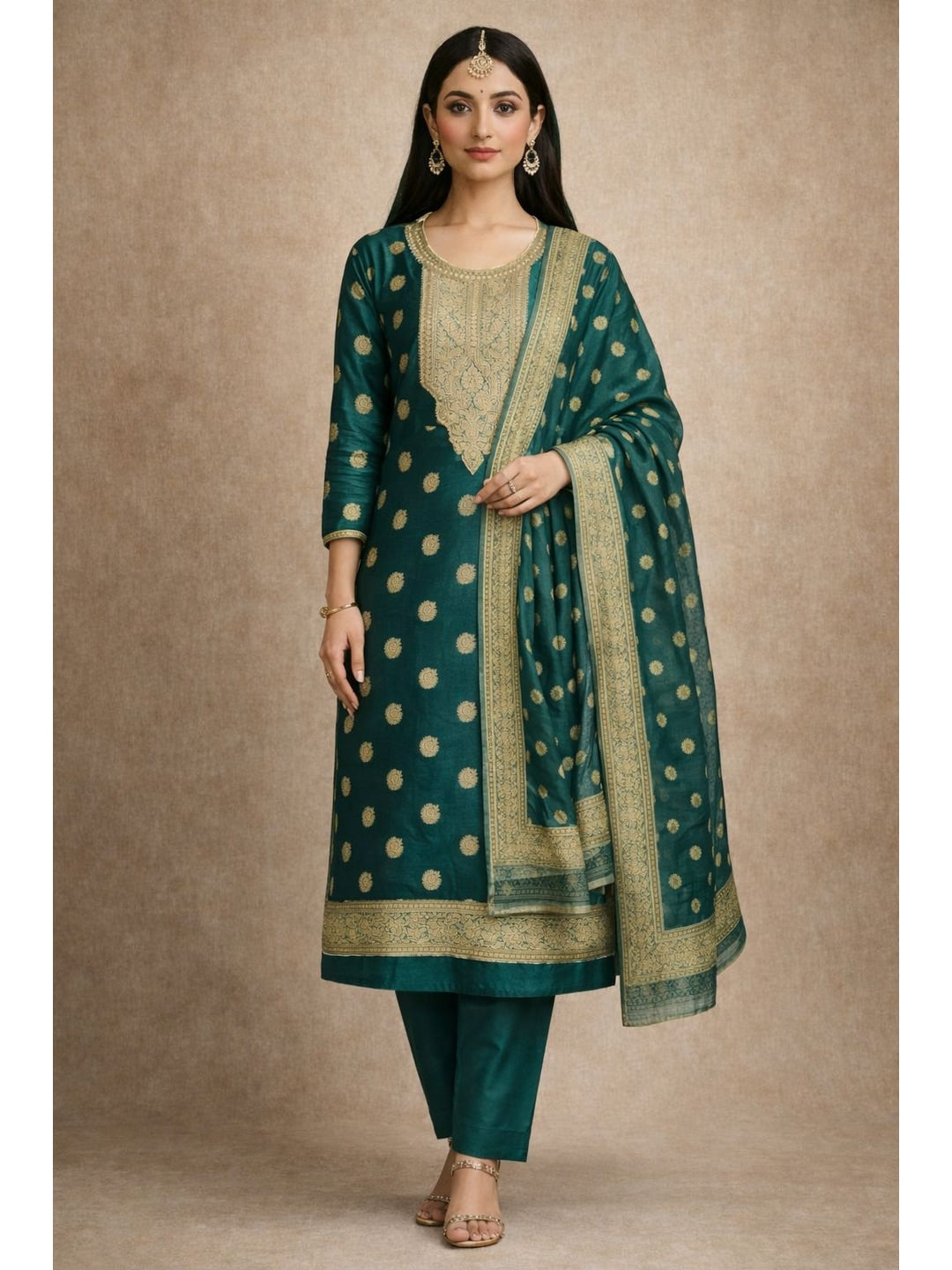 Peachmode Rama Green Banarasi Jacquard Dress Material with Woven Dupatta - Image 2