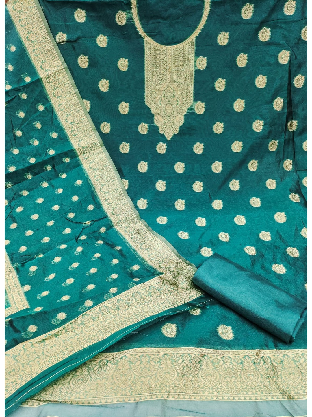 Peachmode Rama Green Banarasi Jacquard Dress Material with Woven Dupatta - Image 3