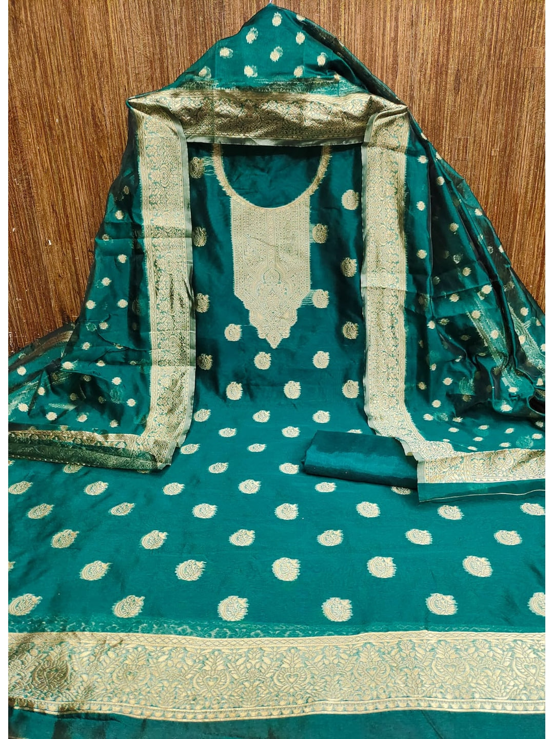 Peachmode Rama Green Banarasi Jacquard Dress Material with Woven Dupatta - Image 4