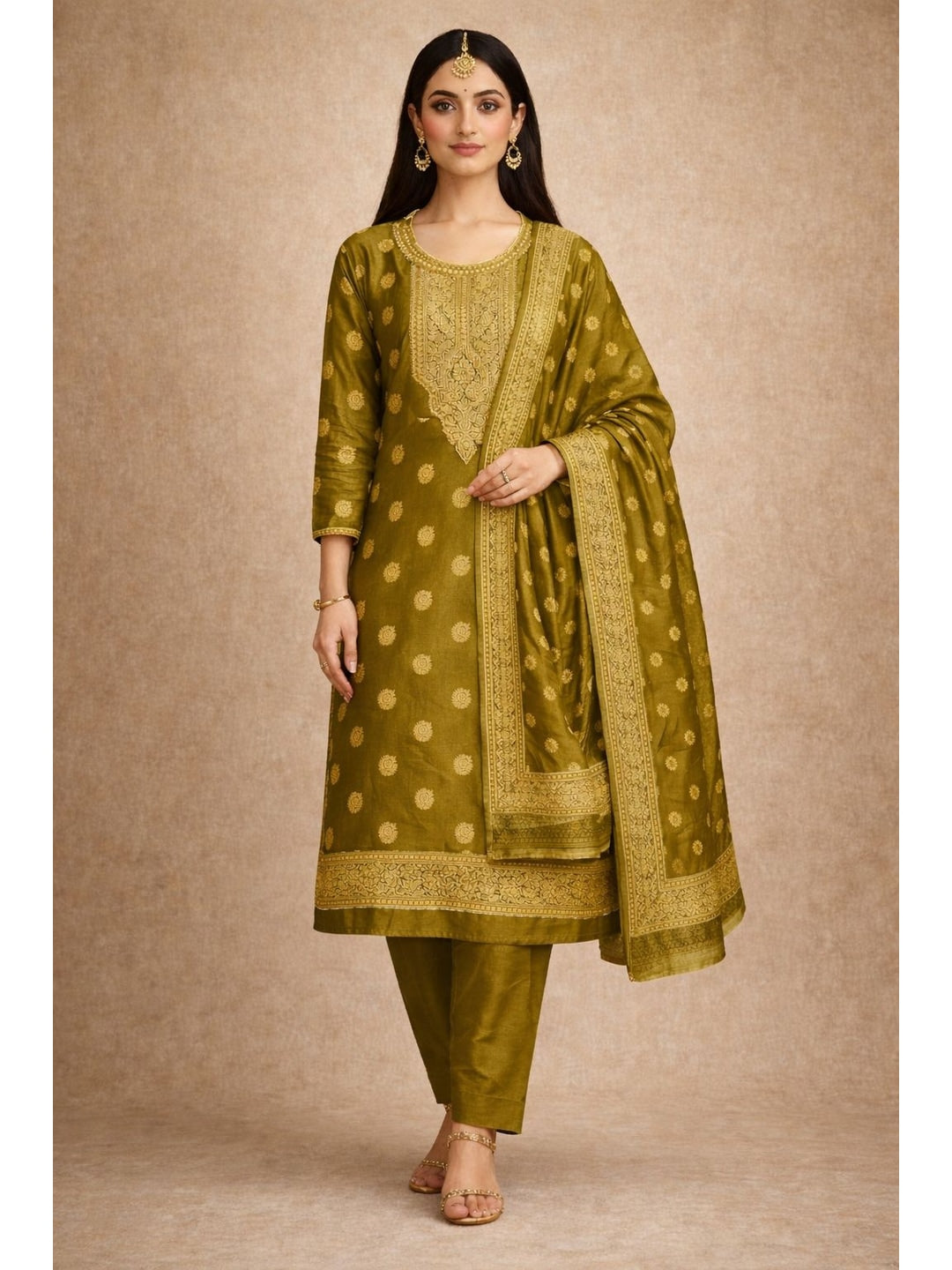 Peachmode Olive Banarasi Jacquard Dress Material with Woven Dupatta - Image 2