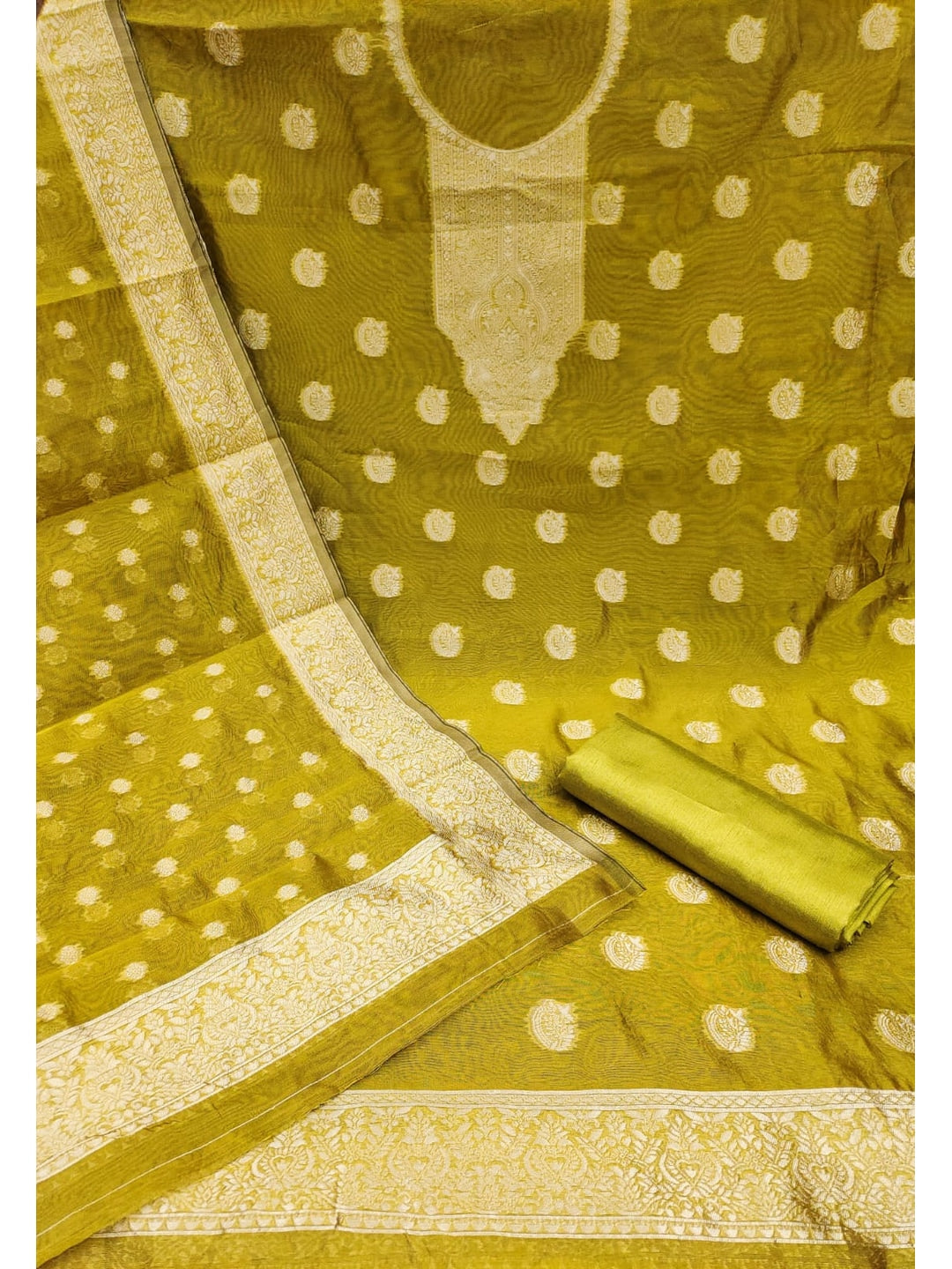 Peachmode Olive Banarasi Jacquard Dress Material with Woven Dupatta - Image 3