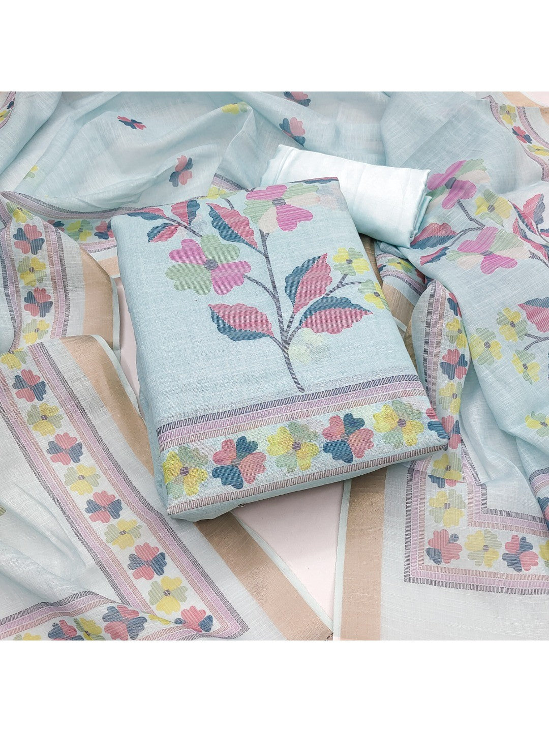 Elegant Floral Woven Blue Linen Dress Material - Image 1