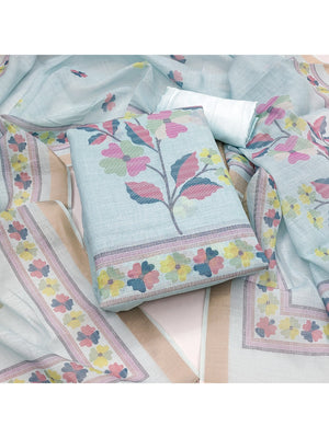 Elegant Floral Woven Blue Linen Dress Material - Image 2