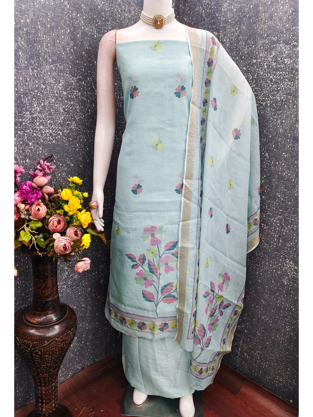 Elegant Floral Woven Blue Linen Dress Material - Image 3