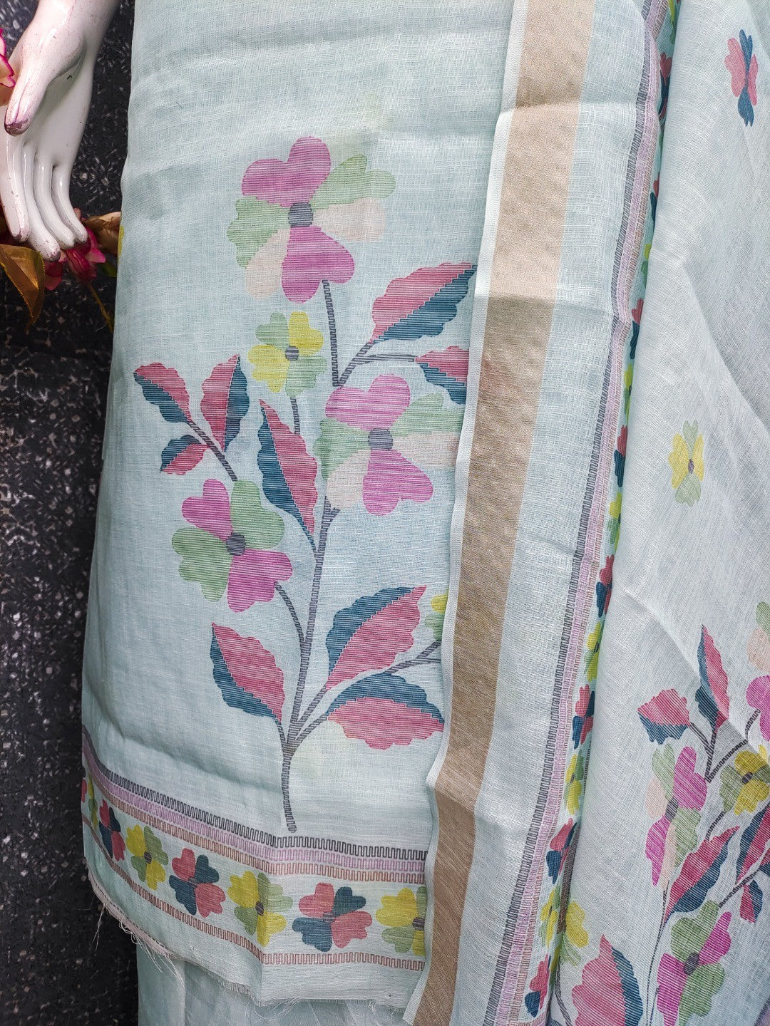 Elegant Floral Woven Blue Linen Dress Material - Image 4