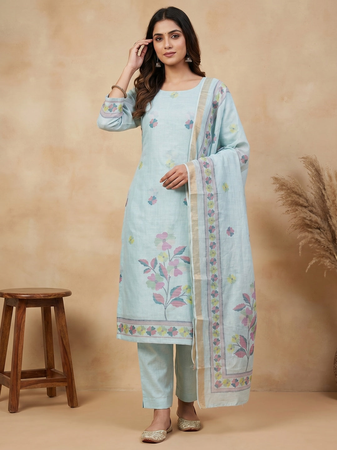 Elegant Floral Woven Blue Linen Dress Material - Image 2