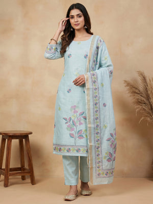 Elegant Floral Woven Blue Linen Dress Material - Image 1