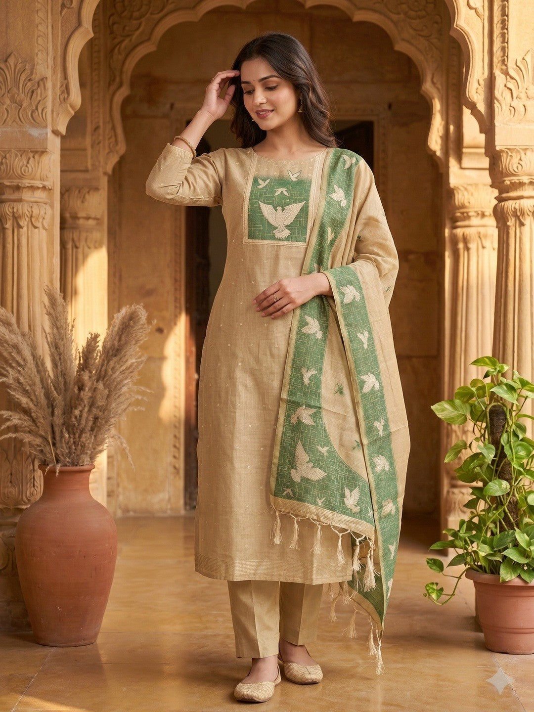 Artistic Chikoo Floral & Birds Motif Zari Weaving Muga Cotton Blend Jamdani Dress Material - Image 2