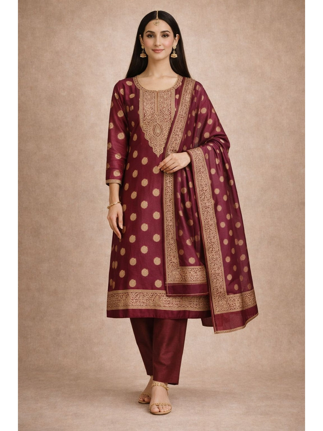 Peachmode Maroon Banarasi Jacquard Dress Material with Woven Dupatta - Image 2