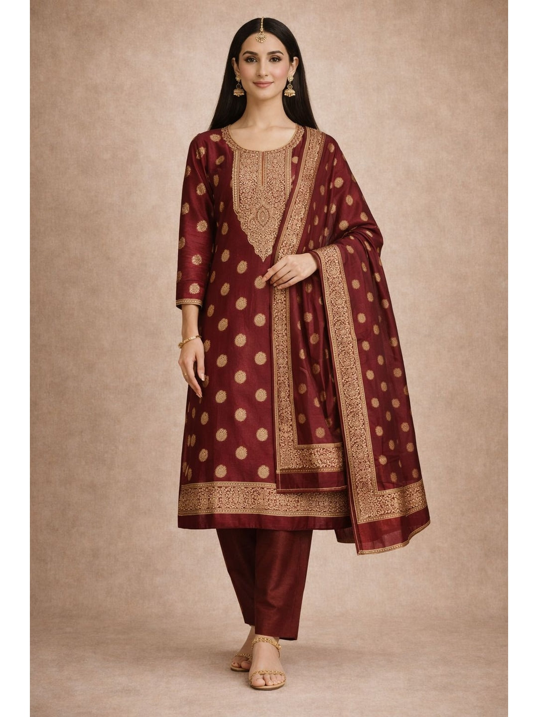 Peachmode Maroon Banarasi Jacquard Dress Material with Woven Dupatta - Image 3