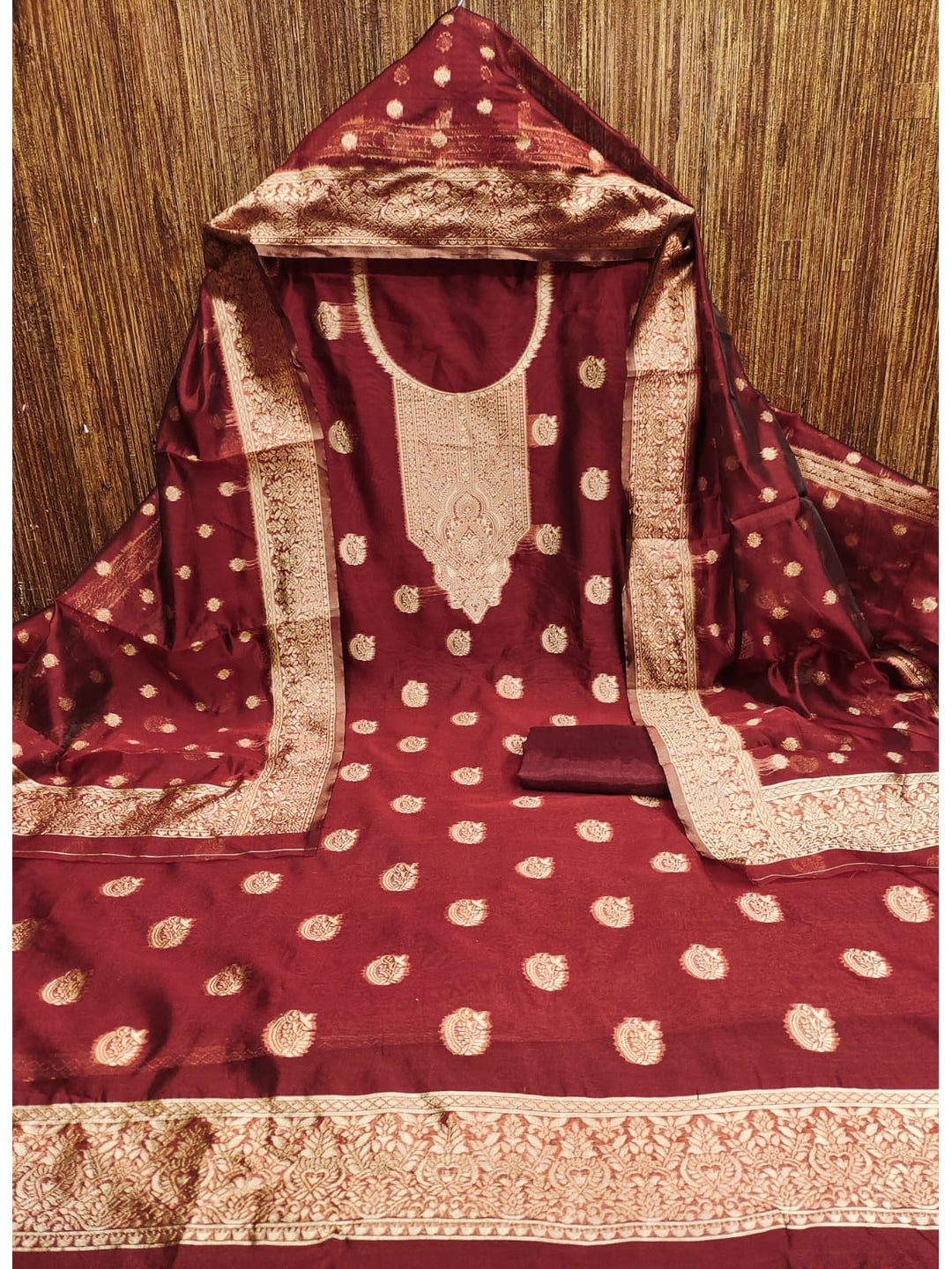 Peachmode Maroon Banarasi Jacquard Dress Material with Woven Dupatta - Image 6