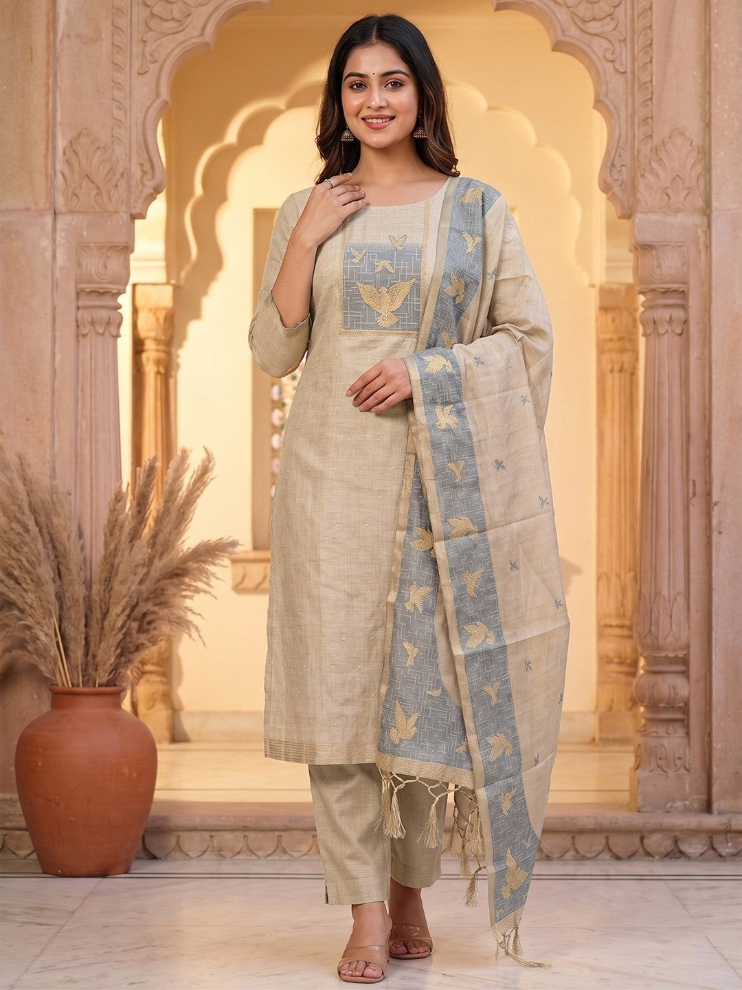 Artistic Cream Floral & Birds Motif Zari Weaving Muga Cotton Blend Jamdani Dress Material - Image 1