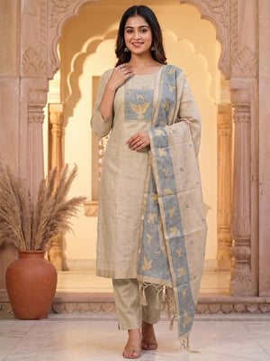 Artistic Cream Floral & Birds Motif Zari Weaving Muga Cotton Blend Jamdani Dress Material - Image 2