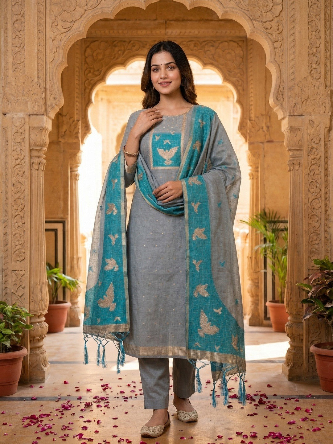 Artistic Grey Floral & Birds Motif Zari Weaving Muga Cotton Blend Jamdani Dress Material - Image 2