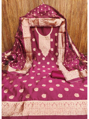 Peachmode Rani Pink Banarasi Jacquard Dress Material with Woven Dupatta - Image 1