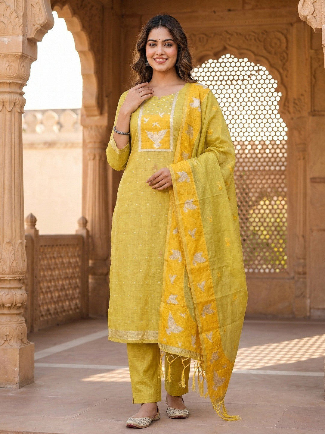 Artistic Mustard Floral & Birds Motif Zari Weaving Muga Cotton Blend Jamdani Dress Material - Image 2