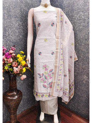 Elegant Floral Woven Pink Linen Dress Material Set - Image 2