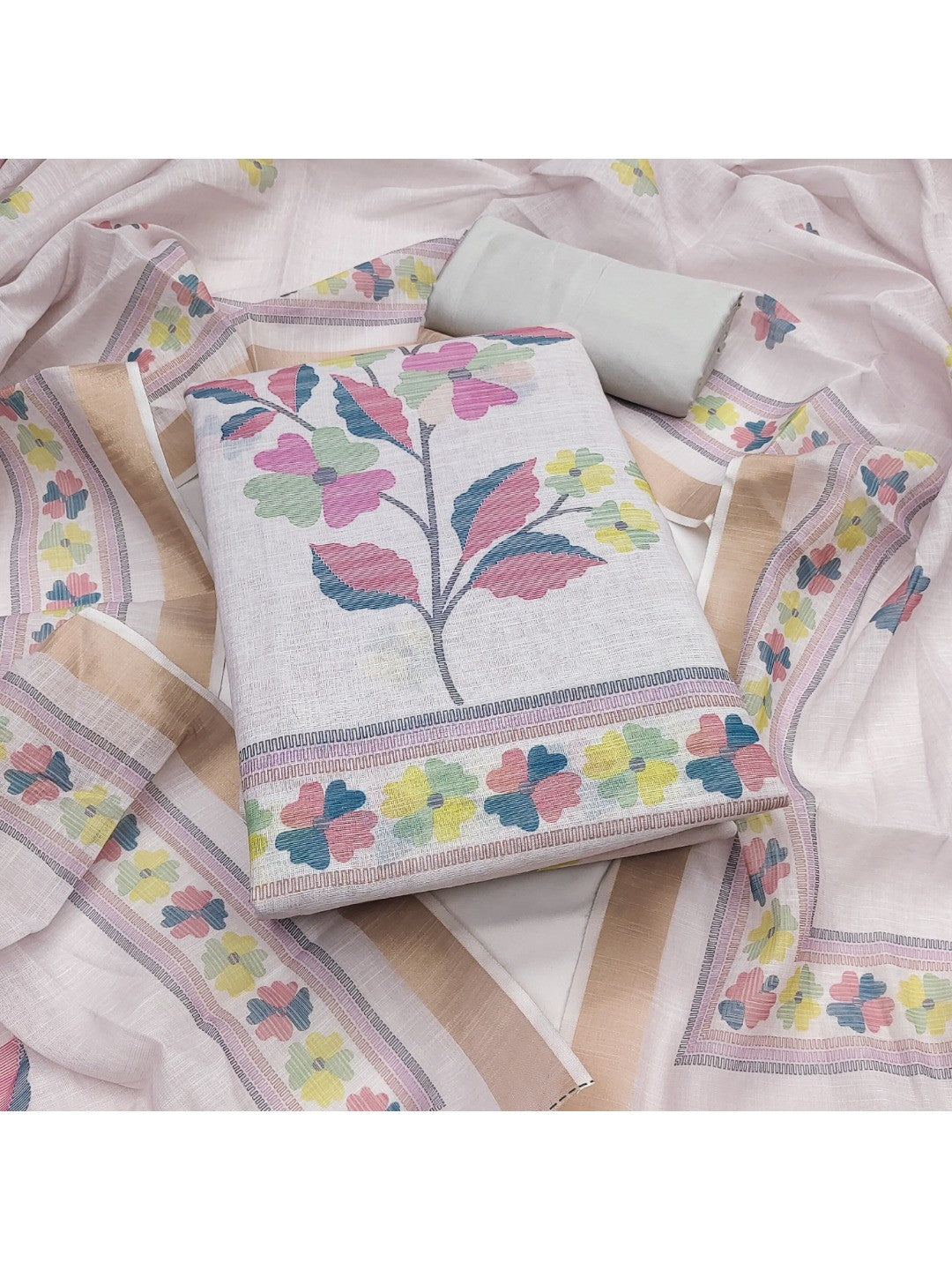 Elegant Floral Woven Pink Linen Dress Material Set - Image 1