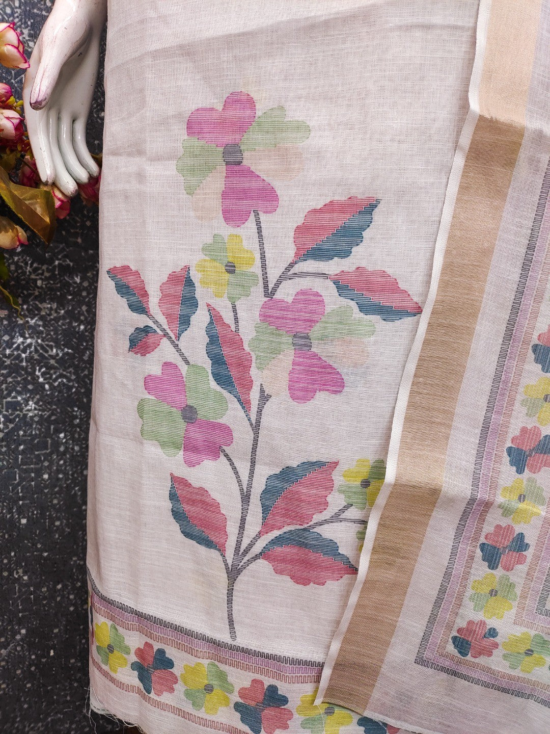 Elegant Floral Woven Pink Linen Dress Material Set - Image 4