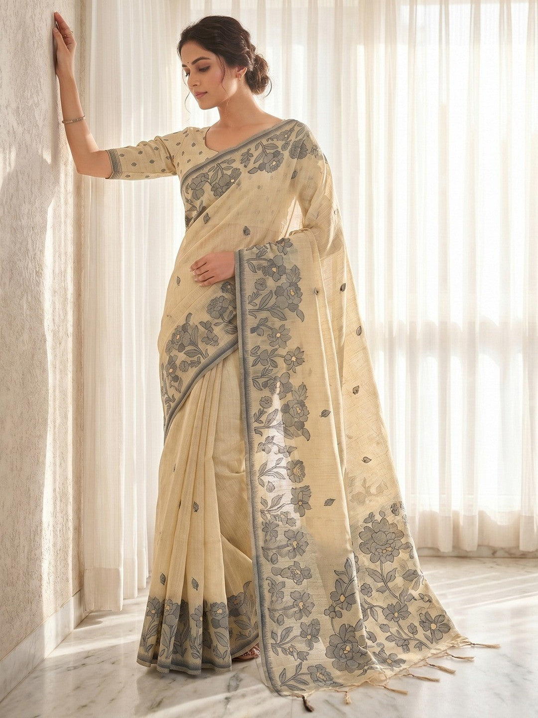 Beige Cotton Blend Festive Wear Saree with Elegant Floral Woven Pattern - Image 1