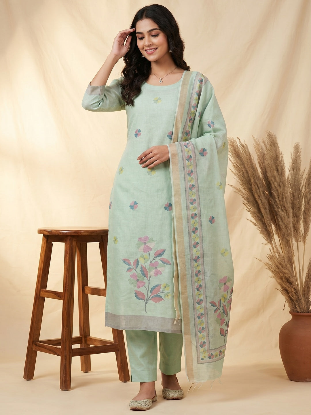 Elegant Floral Woven Pista Green Linen Dress Material - Image 1