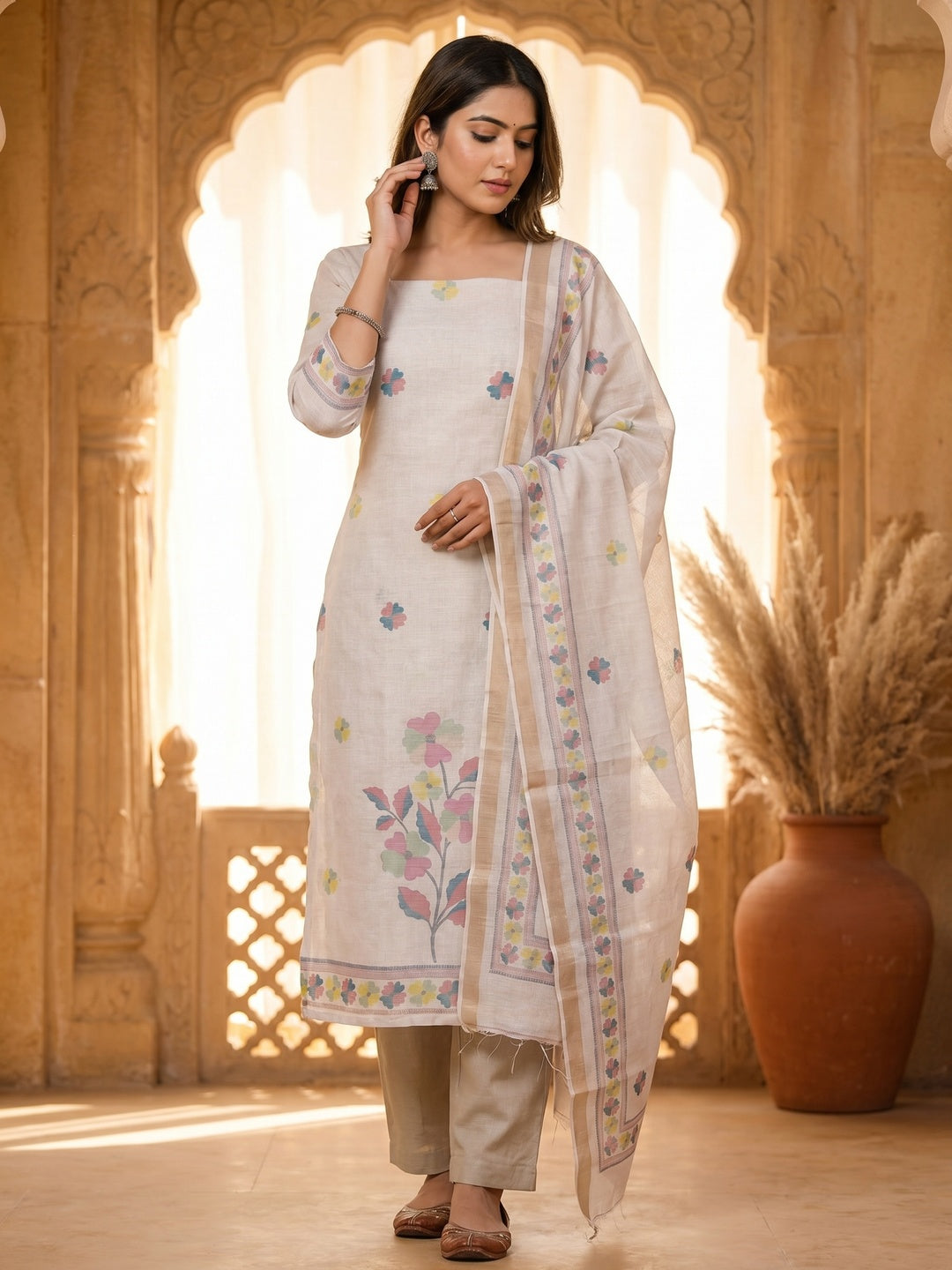Elegant Floral Woven Pink Linen Dress Material Set - Image 2