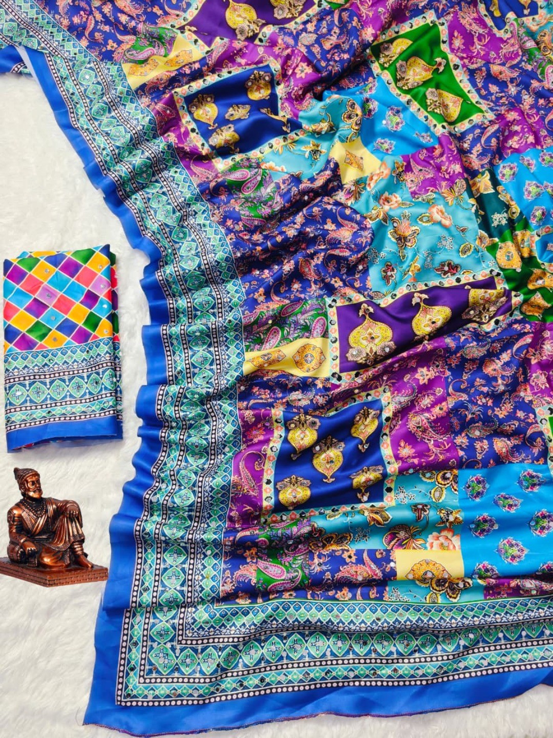 Exclusive Blue Crepe Mirror Work Saree with Vibrant Patchwork Print - Image 4