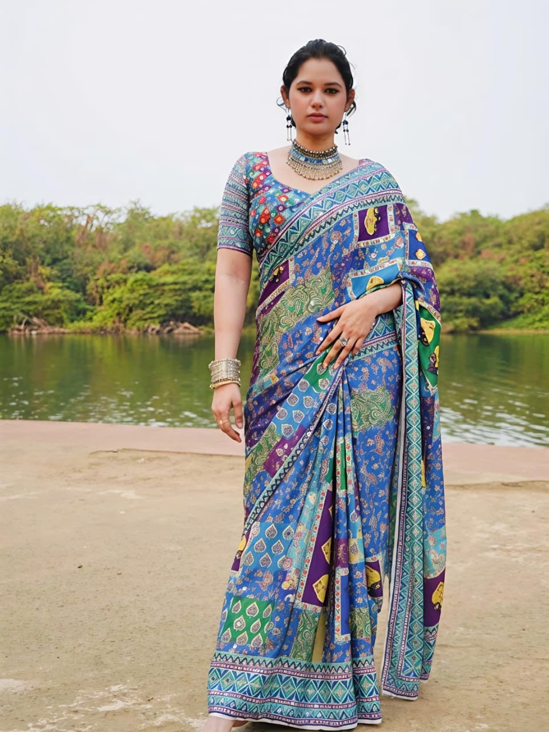 Exclusive Blue Crepe Mirror Work Saree with Vibrant Patchwork Print - Image 1