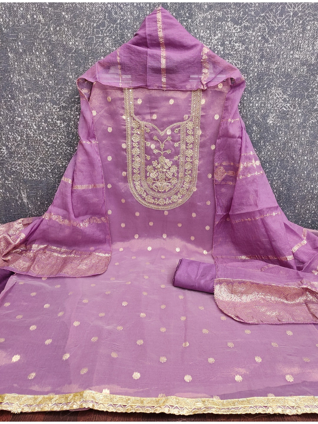Peachmode Purple Shimmer Silk Dress Material with Embroidered Dupatta - Image 5