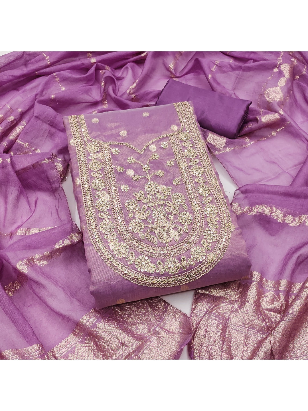 Peachmode Purple Shimmer Silk Dress Material with Embroidered Dupatta - Image 4