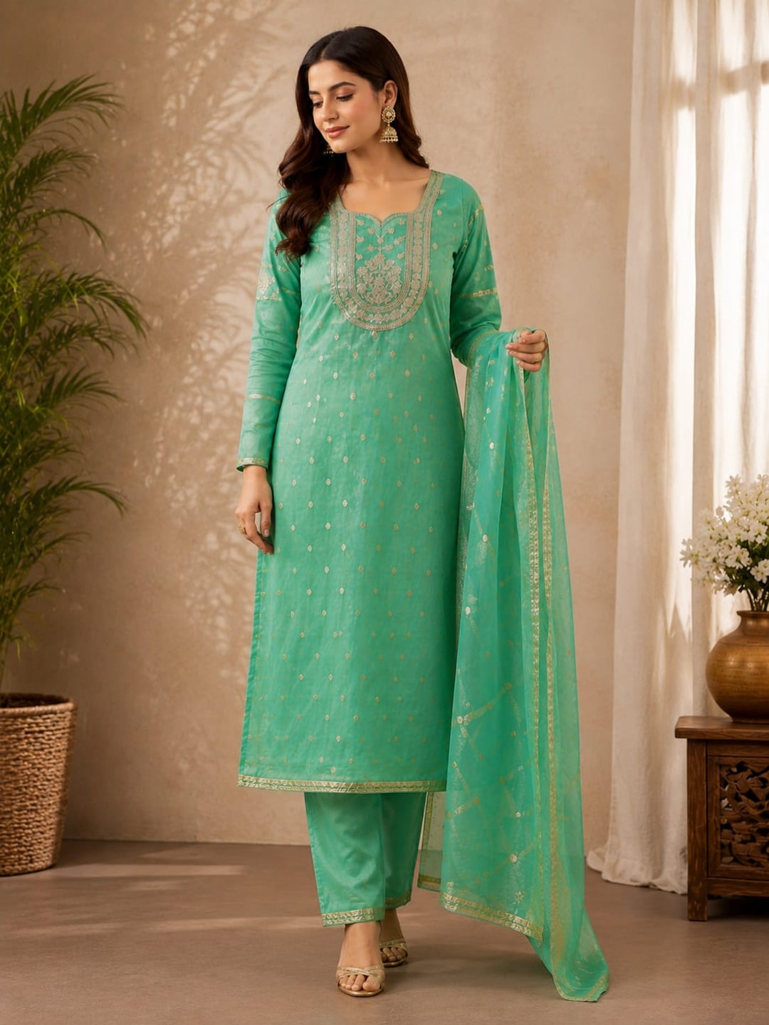 Peachmode Sea Green Shimmer Silk Dress Material with Embroidered Dupatta - Image 2