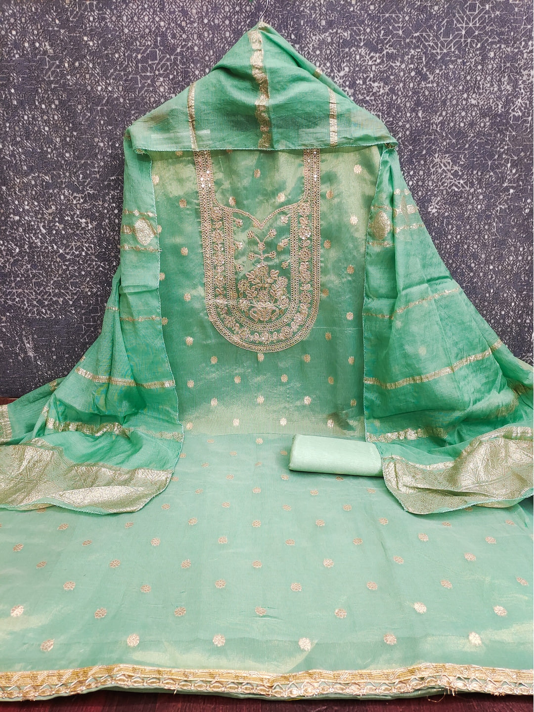 Peachmode Sea Green Shimmer Silk Dress Material with Embroidered Dupatta - Image 3