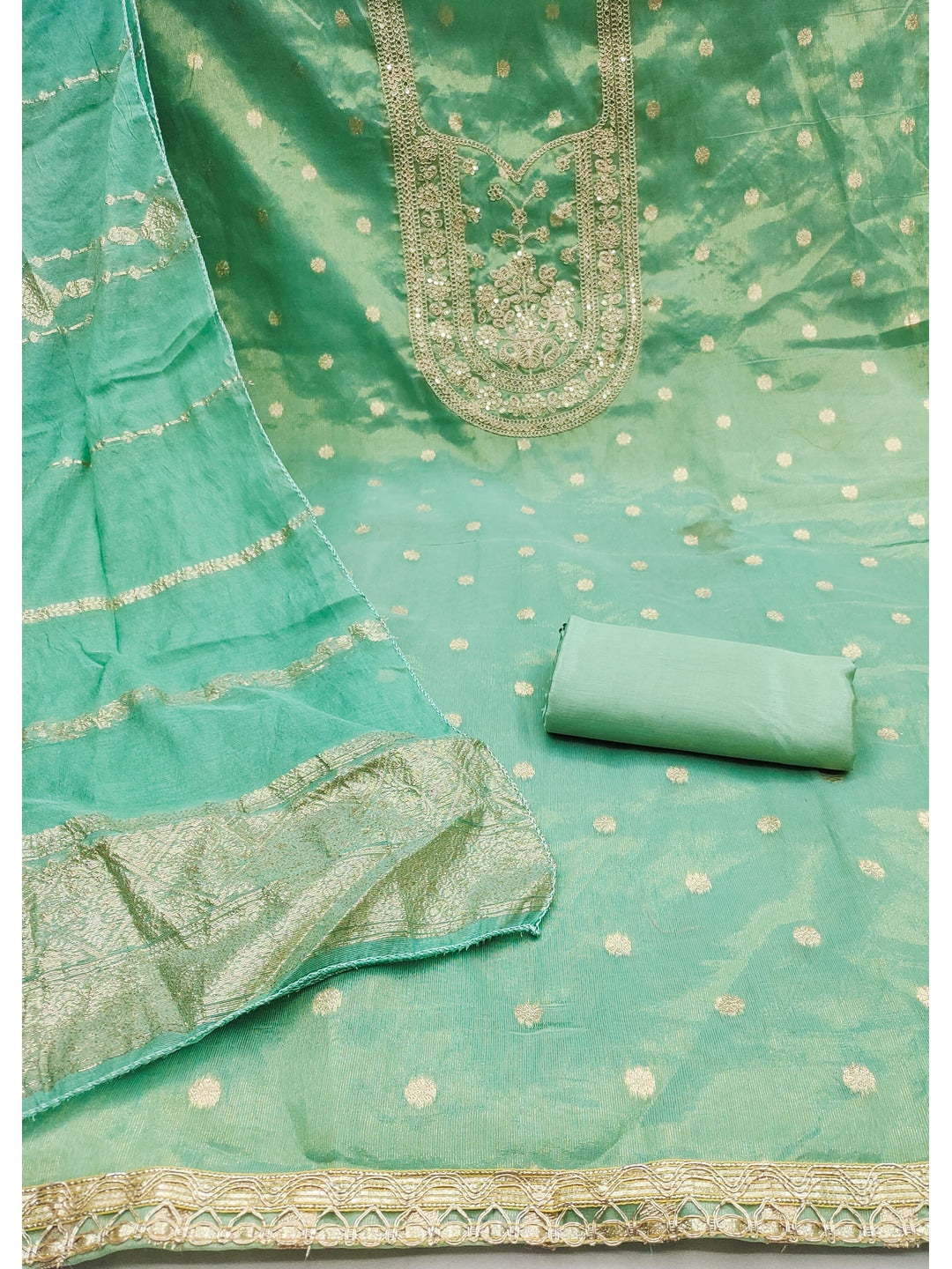 Peachmode Sea Green Shimmer Silk Dress Material with Embroidered Dupatta - Image 4
